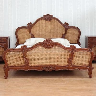 French Triple Panel Rattan Bed in Mahogany