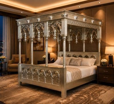 Gothic Four Poster Bed in Silver