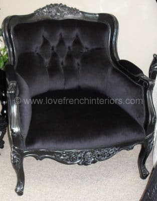 Louis Armchair Upholstered in Noir Black Velvet
