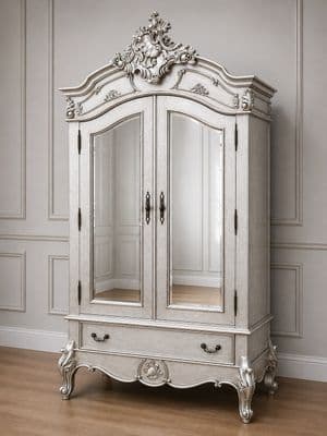 Louis Double Mirrored Armoire in Antique Silver