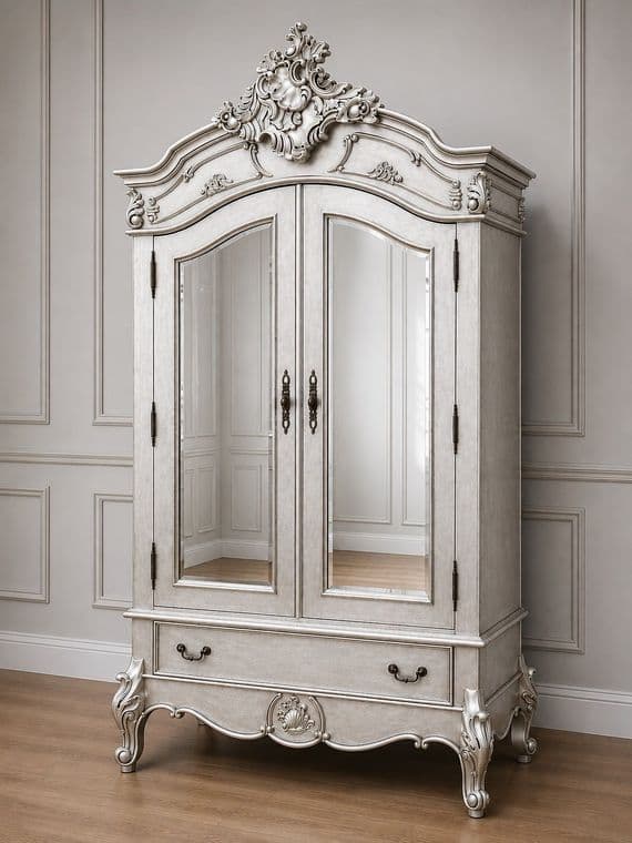 Louis Double Mirrored Armoire in Antique Silver