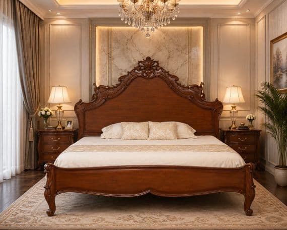 Louis Ornately Carved Versailles Bed in Mahogany