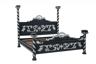 Ornate Four Poster Bed in Black and Silver
