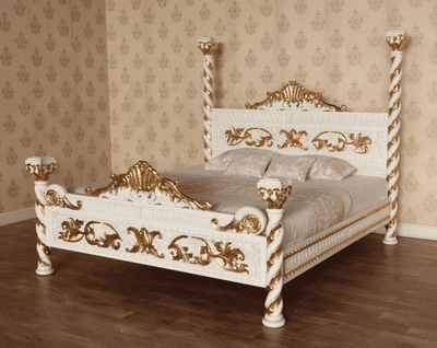 Ornate Four Poster Bed in White and Gold