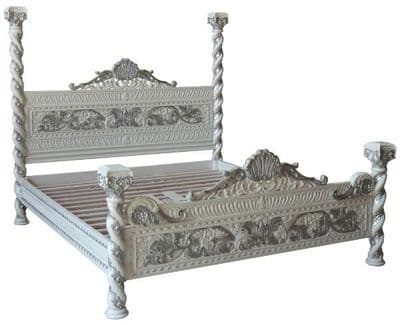Ornate Four Poster Bed in White and Silver