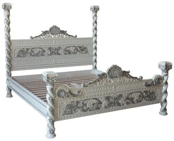 Ornate Four Poster Bed in White and Silver