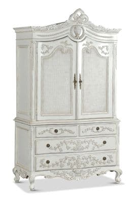 Rattan Linen Press Cabinet/Wardrobe in Distressed White