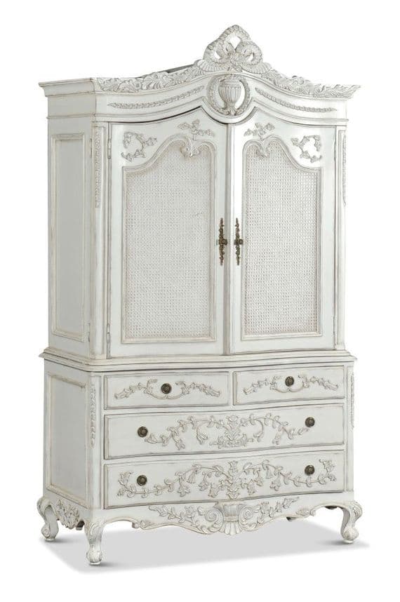 Rattan Linen Press Cabinet/Wardrobe in Distressed White