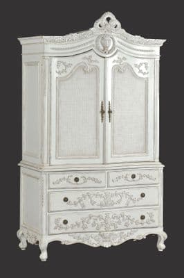 Rattan Linen Press Cabinet/Wardrobe in Distressed White