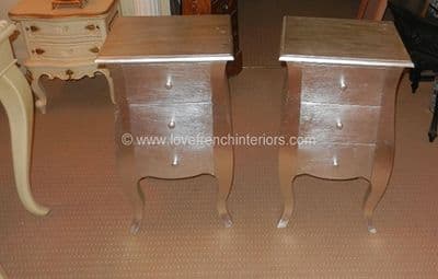 Rochelle Pair of Curvy French Bedsides in Silver Leaf