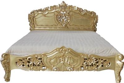 Rococo Ornately Carved Bed in Antique Gold Leaf