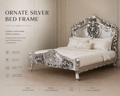 Rococo Ornately Carved Bed in Antique Silver Leaf