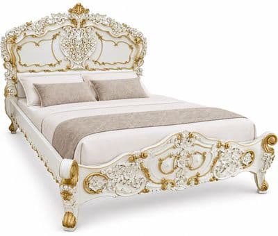 Rococo Ornately Carved Bed in White and Gold