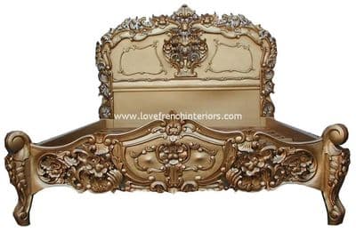 Rococo Ornately Carved French Bed in Antique Gold