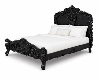 Rococo Ornately Carved French Bed in Noir Black Kingsize