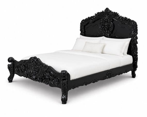 Rococo Ornately Carved French Bed in Noir Black Kingsize
