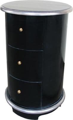 Round Three Drawer Bedside in Black and Silver