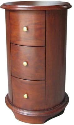 Round Three Drawer Bedside in Mahogany