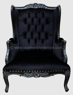 Wing Back Armchair Upholstered in Noir Black Velvet