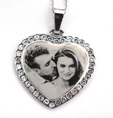 Stainless Steel Heart Gemstones Engraved Photo Pendant