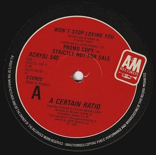 A CERTAIN RATIO Won't Stop Loving You Vinyl Record 12 Inch A&M 1990 Promo