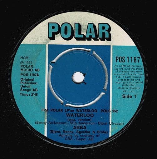 ABBA Waterloo Vinyl Record 7 Inch Danish Polar 1974 Rare 4-Prong Blue Label 45 Single Eurovision Pop