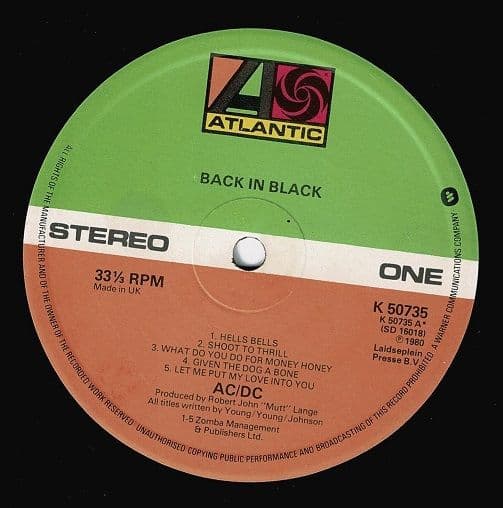 AC/DC Back In Black Vinyl Record LP Atlantic 1980