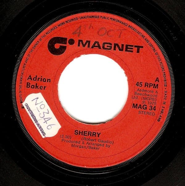 ADRIAN BAKER Sherry Vinyl Record 7 Inch Magnet 1975
