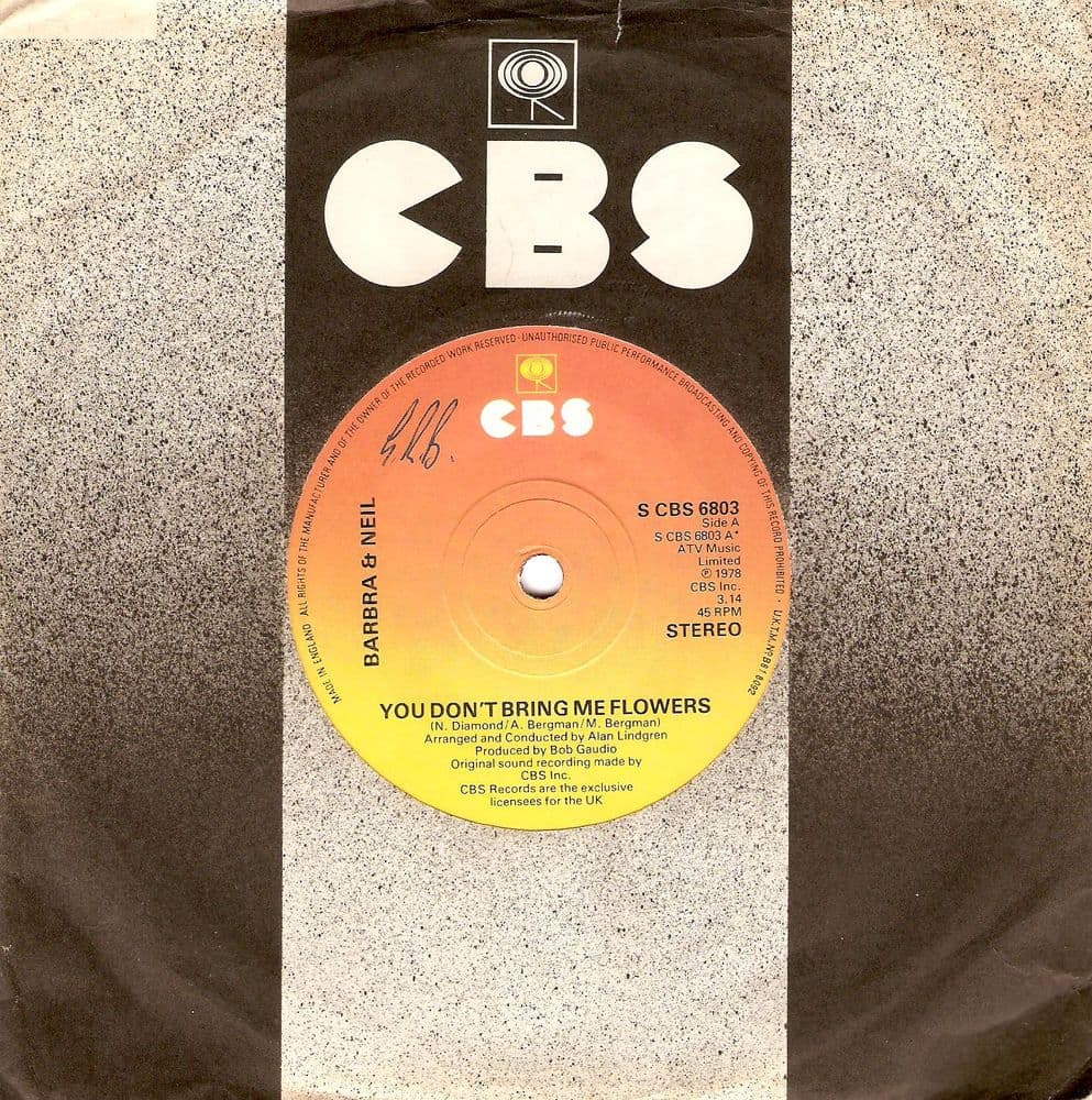 BARBRA STREISAND AND NEIL DIAMOND You Don't Bring Me Flowers Vinyl Record 7 Inch CBS 1978