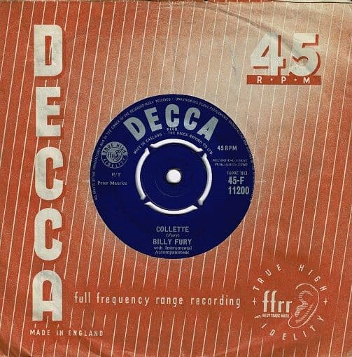 BILLY FURY Collette Vinyl Record 7 Inch Decca 1960 45-F 11200 Original Unboxed Label 45rpm Single
