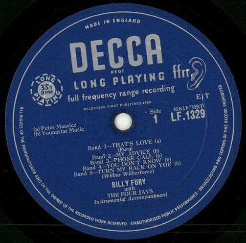 BILLY FURY The Sound Of Fury Vinyl Record 10 Inch Decca 1963