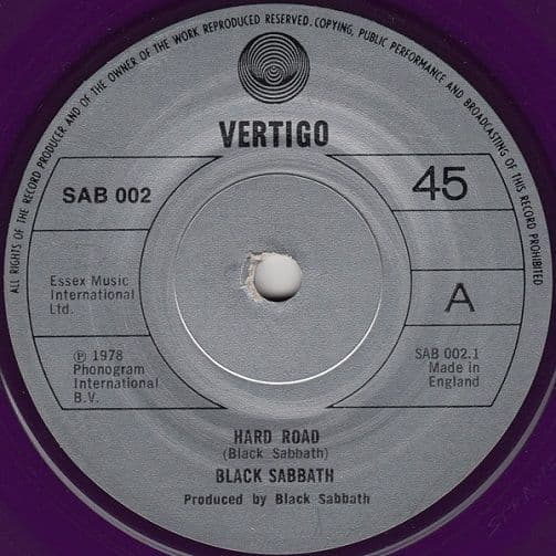 BLACK SABBATH Hard Road Vinyl Record 7 Inch Vertigo 1978 Purple Vinyl