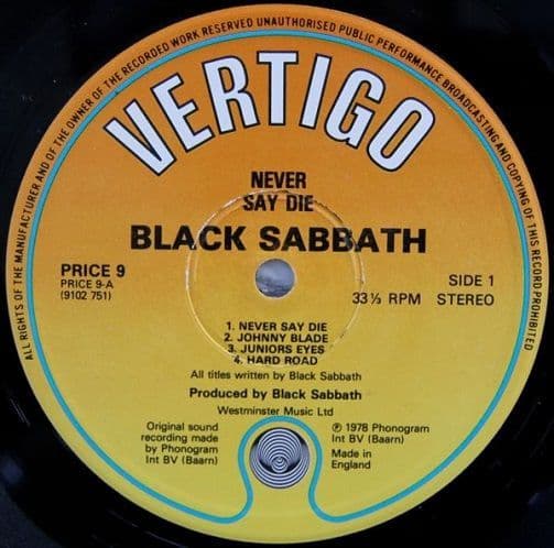 BLACK SABBATH★Never Say Die UK Vertigo S BLACK SABBATH Never Say Die Vinyl Record LP Vertigo