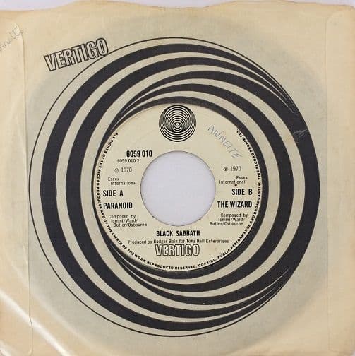 BLACK SABBATH Paranoid Vinyl Record 7 Inch Vertigo Swirl 1970.