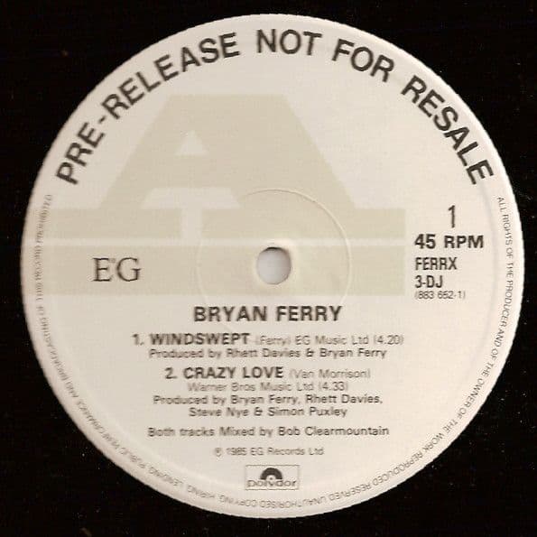 BRYAN FERRY Windswept Vinyl Record 12 Inch Polydor 1985 Promo