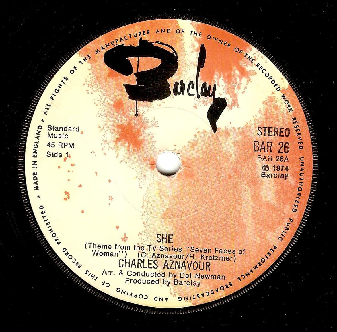 CHARLES AZNAVOUR She Vinyl Record 7 Inch Barclay 1974
