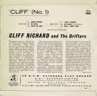 CLIFF RICHARD AND THE DRIFTERS  Cliff No. 1 EP Vinyl Record 7 Inch Columbia 1959 Single 45 SEG 7903