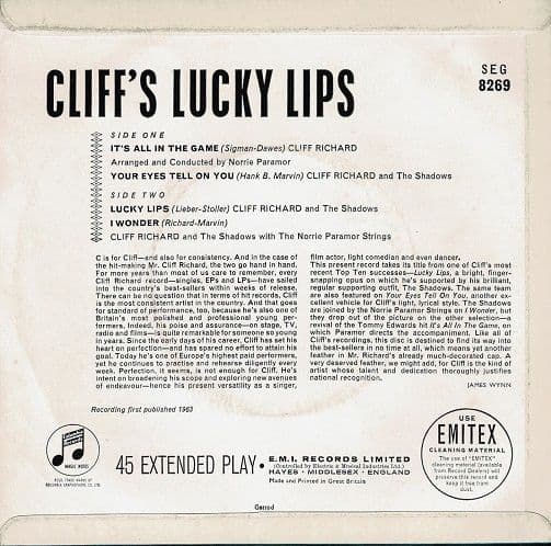 CLIFF RICHARD Cliff s Lucky Lips EP Vinyl Record 7 Inch Columbia 1963