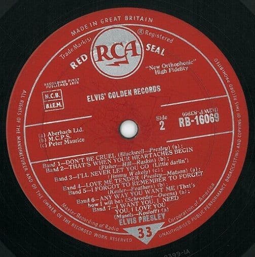 ELVIS PRESLEY Elvis Golden Records Vinyl Record LP RCA Red Seal 1958