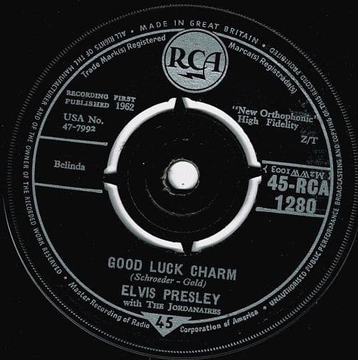 ELVIS PRESLEY WITH THE JORDANAIRES Good Luck Charm Vinyl Record 7 Inch RCA 1962 Single 45-RCA 1280
