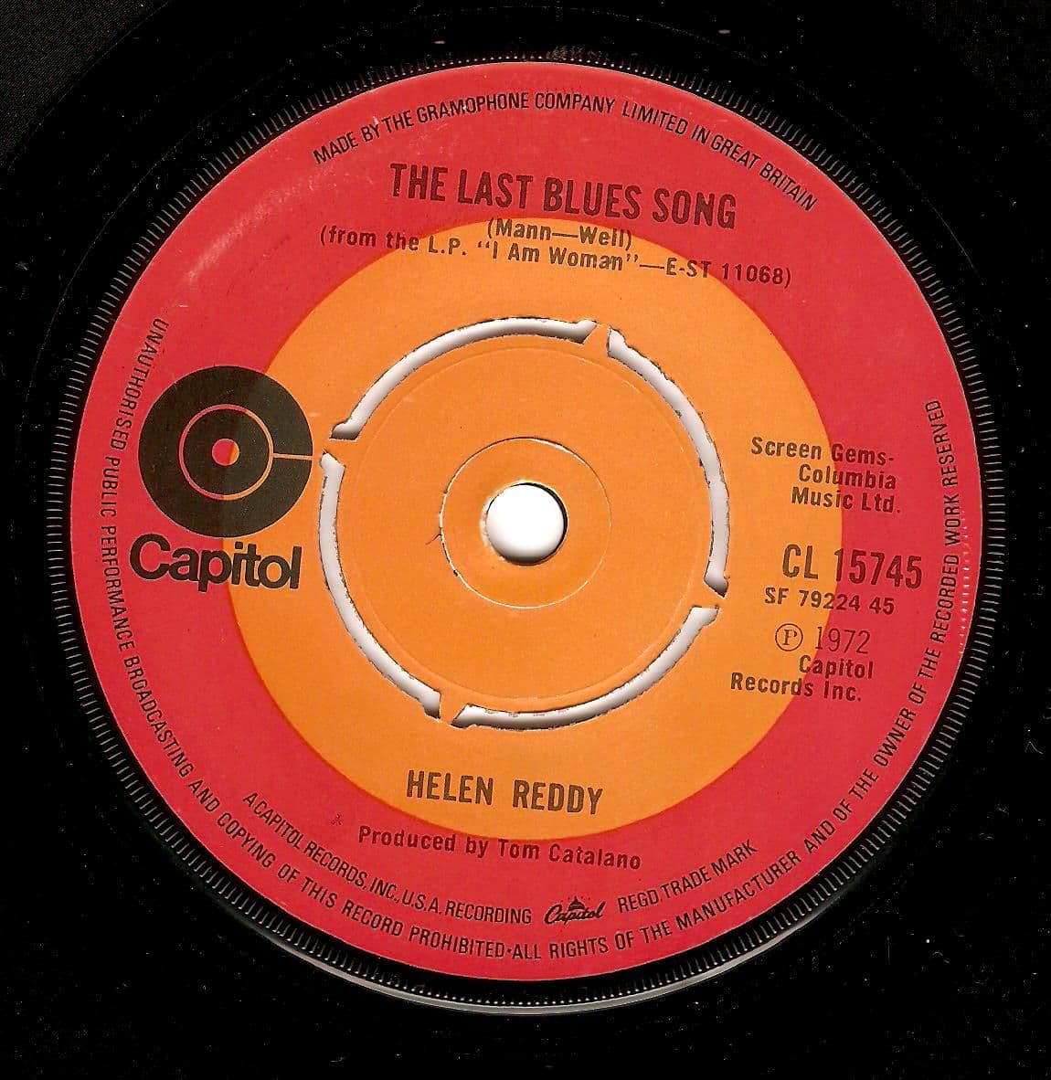 HELEN REDDY Peaceful Vinyl Record 7 Inch Capitol 1972