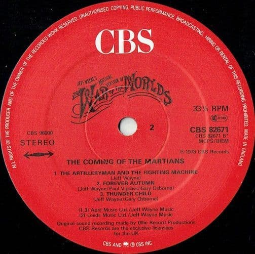 JEFF WAYNE The War Of The Worlds Vinyl Record LP CBS