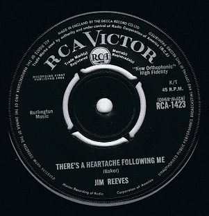 JIM REEVES There's A Heartache Following Me 7" Single Vinyl Record 45rpm RCA Victor 1964