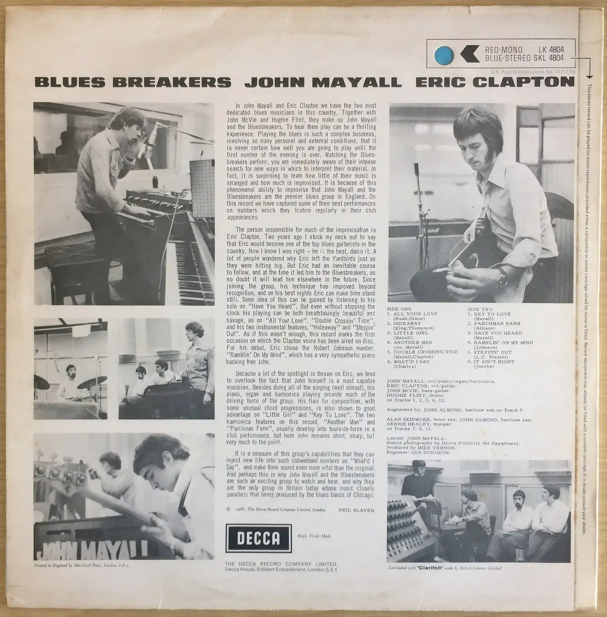 JOHN MAYALL WITH ERIC CLAPTON Blues Breakers Vinyl Record LP Decca