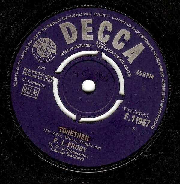 P. J. PROBY Together Vinyl Record 7 Inch Decca 1964