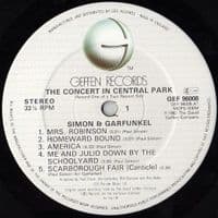 SIMON & GARFUNKEL The Concert In Central Park Vinyl Record LP Geffen 1982