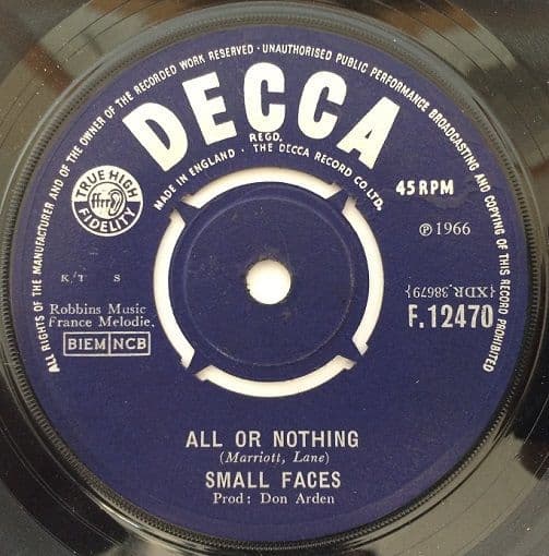 SMALL FACES All Or Nothing Vinyl Record 7 Inch Decca 1966