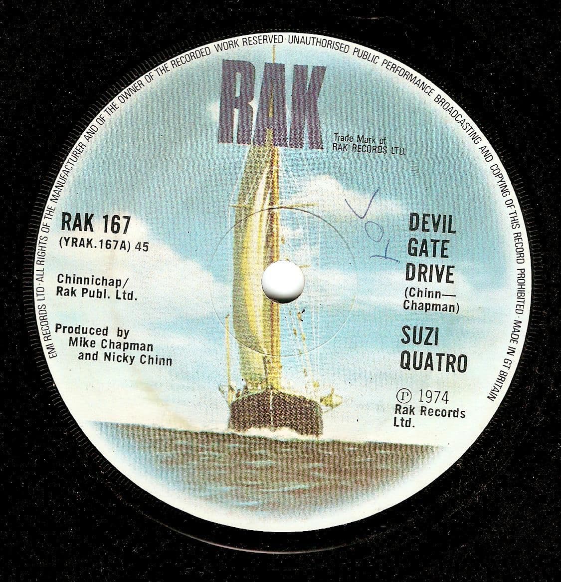 SUZI QUATRO Devil Gate Drive Vinyl Record 7 Inch RAK 1974