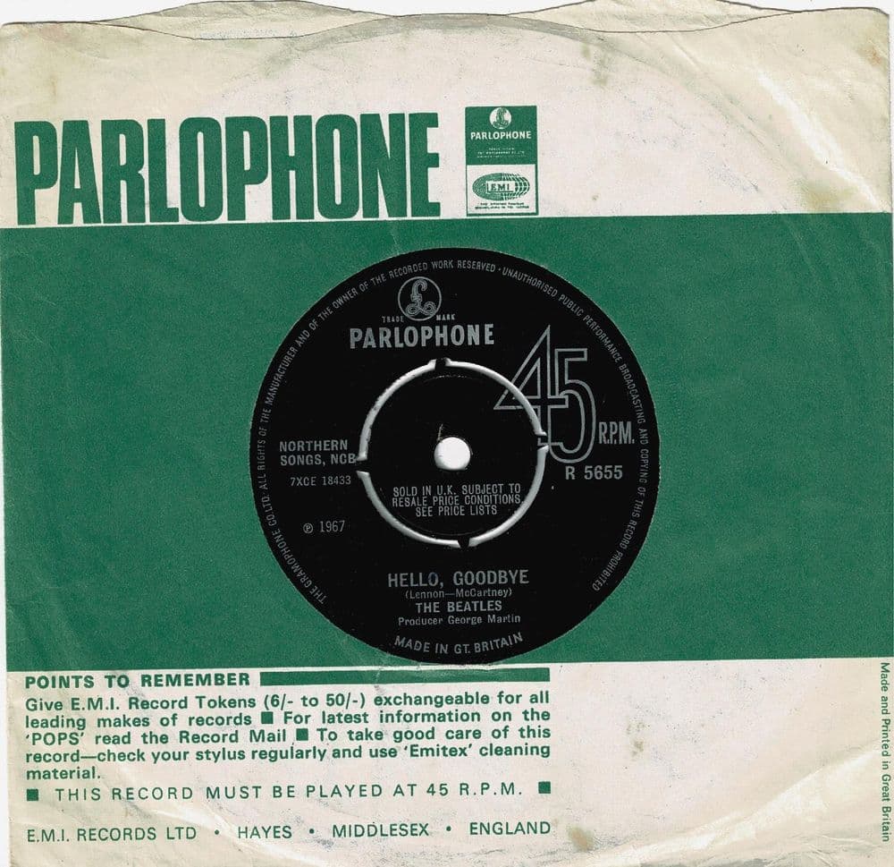 THE BEATLES Hello, Goodbye Vinyl Record 7 Inch Parlophone 1967 Original 45rpm Single R 5655 KT -1