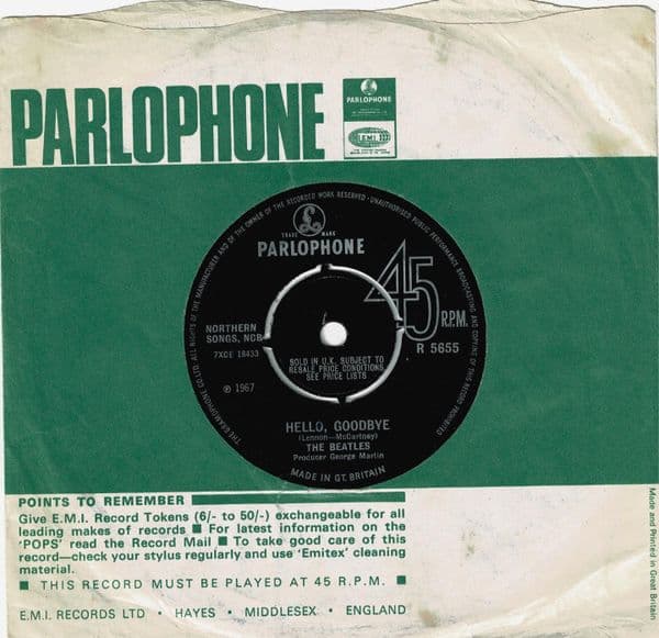 THE BEATLES Hello, Goodbye Vinyl Record 7 Inch Parlophone 1967 Original 45rpm Single R 5655 KT -1